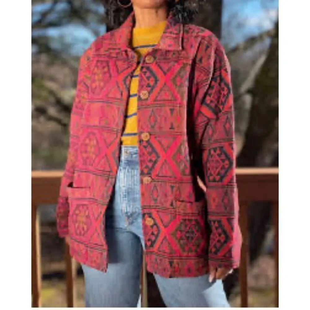 Vintage Chico’s Tapestry Jacket Aztec Southwestern Tribal Boho 100% Cotton